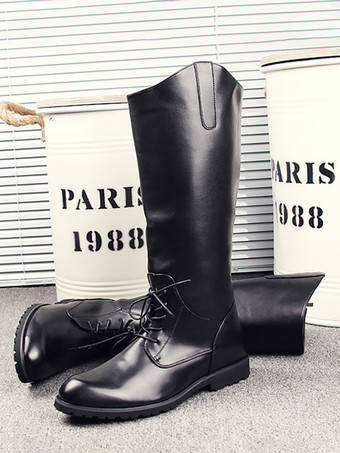 メンズ 乗馬ブーツ ブラック ラウンドトゥ レースアップ ニーハイブーツ