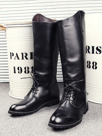 メンズ 乗馬ブーツ ブラック ラウンドトゥ レースアップ ニーハイブーツ