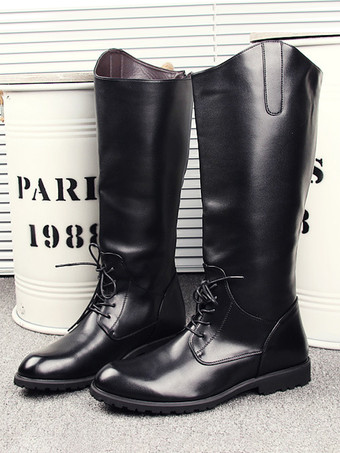 メンズ 乗馬ブーツ ブラック ラウンドトゥ レースアップ ニーハイブーツ