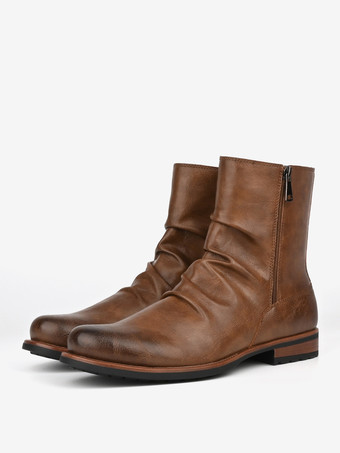 メンズ アンクルブーツ ラウンドトゥ ルーシュ ジップアップ ブーティ