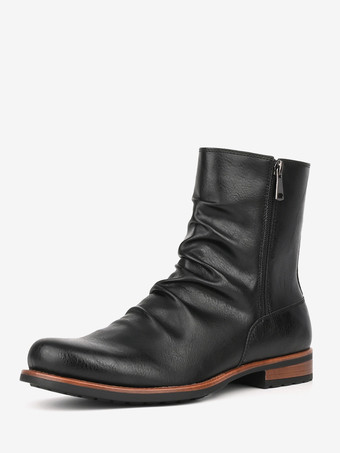 ブラック メンズ アンクルブーツ ラウンドトゥ ルーシュ ジップアップ ブーティ
