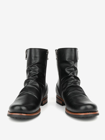 メンズ アンクルブーツ ラウンドトゥ ルーシュ ジップアップ ブーティ