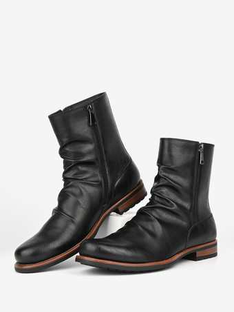 メンズ アンクルブーツ ラウンドトゥ ルーシュ ジップアップ ブーティ