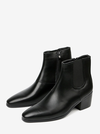 ブラック メンズ用ブラックアブクルブーツ ポインテッドトゥ チャンキーヒール チェルシーブーツ