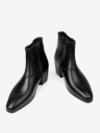 メンズ用ブラックアブクルブーツ ポインテッドトゥ チャンキーヒール チェルシーブーツ