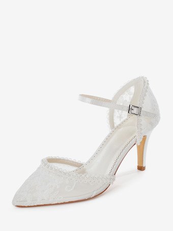 アイボリーのウェディングシューズ、ポインテッドトゥ、レースアップリケ、ハイヒールのブライダルシューズ