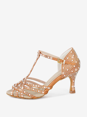 レディース ラテンダンスシューズ ピープトゥ ラインストーン Tストラップ ハイヒール 社交ダンスシューズ