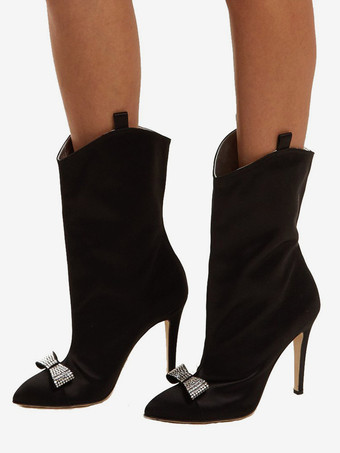 サテンアンクルブーツ レディース ポインテッドトゥ ボウハイヒールブーツ