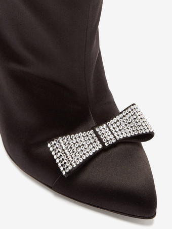 サテンアンクルブーツ レディース ポインテッドトゥ ボウハイヒールブーツ