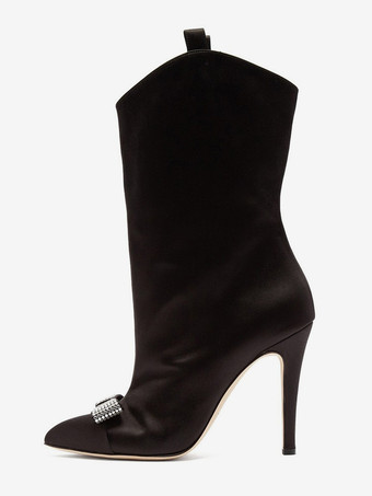 ブラック サテンアンクルブーツ レディース ポインテッドトゥ ボウハイヒールブーツ