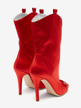 サテンアンクルブーツ レディース ポインテッドトゥ ボウハイヒールブーツ