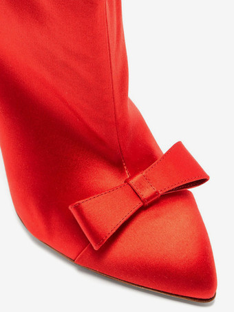 サテンアンクルブーツ レディース ポインテッドトゥ ボウハイヒールブーツ