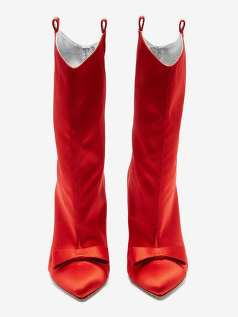 サテンアンクルブーツ レディース ポインテッドトゥ ボウハイヒールブーツ