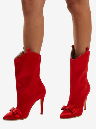 サテンアンクルブーツ レディース ポインテッドトゥ ボウハイヒールブーツ