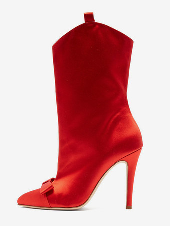 レッド サテンアンクルブーツ レディース ポインテッドトゥ ボウハイヒールブーツ