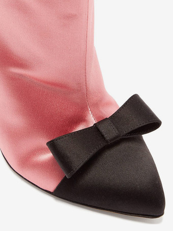 サテンアンクルブーツ レディース ポインテッドトゥ ボウハイヒールブーツ