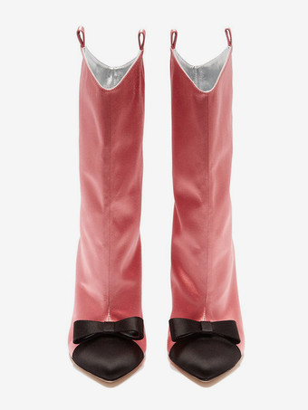 サテンアンクルブーツ レディース ポインテッドトゥ ボウハイヒールブーツ