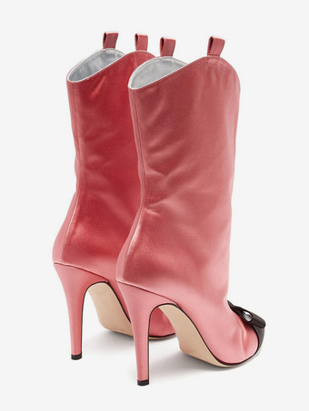 サテンアンクルブーツ レディース ポインテッドトゥ ボウハイヒールブーツ