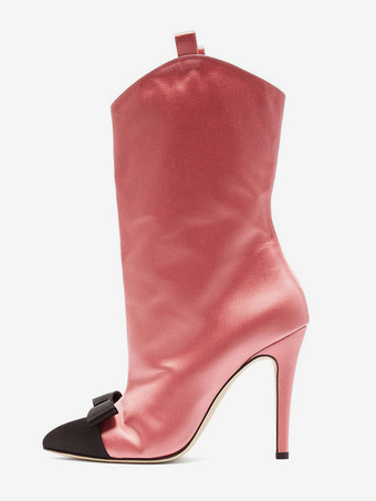 ピンク サテンアンクルブーツ レディース ポインテッドトゥ ボウハイヒールブーツ