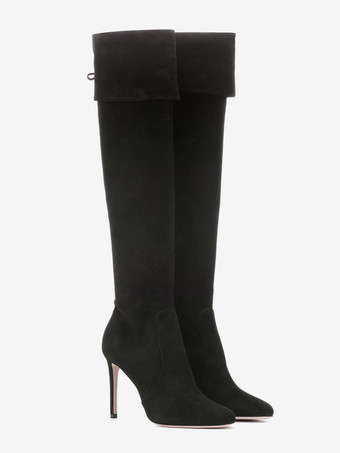 スエードニーハイブーツ ポインテッドトゥ フォールドオーバー ハイヒールブーツ レディース