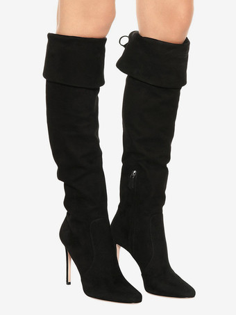 スエードニーハイブーツ ポインテッドトゥ フォールドオーバー ハイヒールブーツ レディース