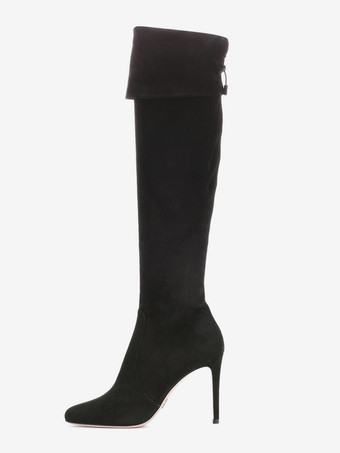 ブラック スエードニーハイブーツ ポインテッドトゥ フォールドオーバー ハイヒールブーツ レディース