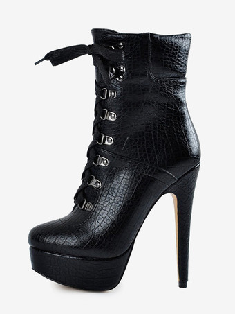 ブラック メンズセクシーブーツ ブラック プラットフォーム ストーン柄 レースアップ ハイヒール アンクルブーツ