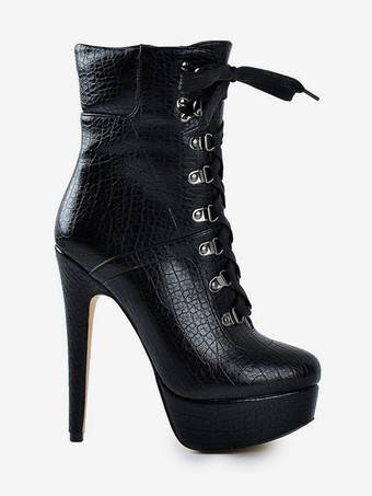 メンズセクシーブーツ ブラック プラットフォーム ストーン柄 レースアップ ハイヒール アンクルブーツ
