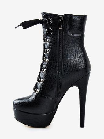メンズセクシーブーツ ブラック プラットフォーム ストーン柄 レースアップ ハイヒール アンクルブーツ