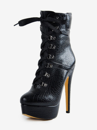 メンズセクシーブーツ ブラック プラットフォーム ストーン柄 レースアップ ハイヒール アンクルブーツ