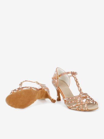 レディース ラテンダンスシューズ ピープトゥ ラインストーン Tストラップ ハイヒール 社交ダンスシューズ