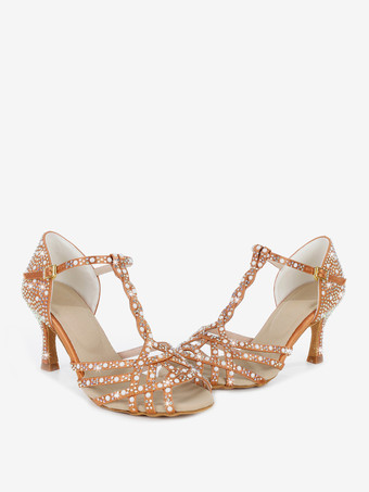 レディース ラテンダンスシューズ ピープトゥ ラインストーン Tストラップ ハイヒール 社交ダンスシューズ