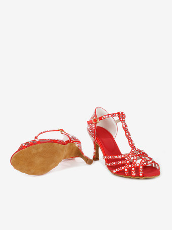 レディース ラテンダンスシューズ ピープトゥ ラインストーン Tストラップ ハイヒール 社交ダンスシューズ