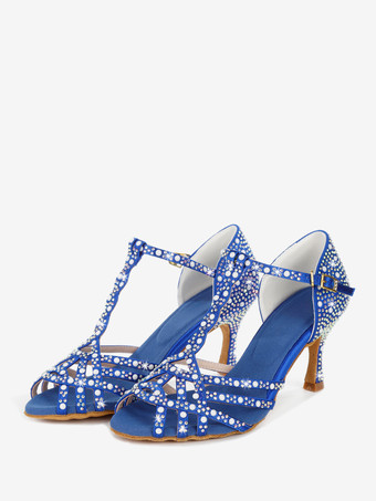 ブルー レディース ラテンダンスシューズ ピープトゥ ラインストーン Tストラップ ハイヒール 社交ダンスシューズ