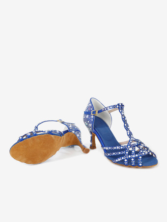 レディース ラテンダンスシューズ ピープトゥ ラインストーン Tストラップ ハイヒール 社交ダンスシューズ