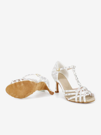 レディース ラテンダンスシューズ ピープトゥ ラインストーン Tストラップ ハイヒール 社交ダンスシューズ