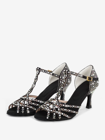 ブラック レディース ラテンダンスシューズ ピープトゥ ラインストーン Tストラップ ハイヒール 社交ダンスシューズ
