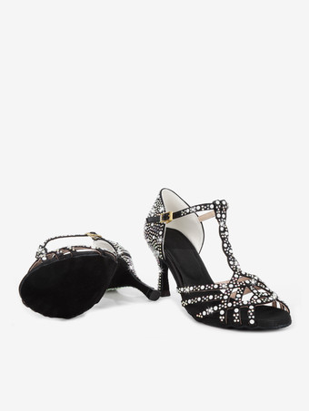 レディース ラテンダンスシューズ ピープトゥ ラインストーン Tストラップ ハイヒール 社交ダンスシューズ