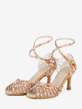 ブラウンサテン社交ダンスシューズ レディース オープントゥ ラインストーン クリスクロス ラテンダンスシューズ