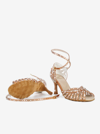 サテン社交ダンスシューズ レディース オープントゥ ラインストーン クリスクロス ラテンダンスシューズ