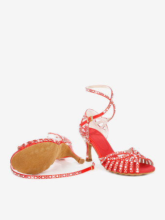 サテン社交ダンスシューズ レディース オープントゥ ラインストーン クリスクロス ラテンダンスシューズ