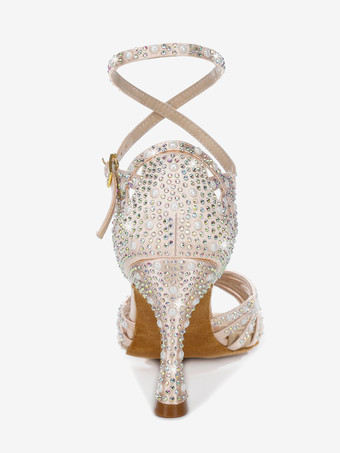 サテン社交ダンスシューズ レディース オープントゥ ラインストーン クリスクロス ラテンダンスシューズ