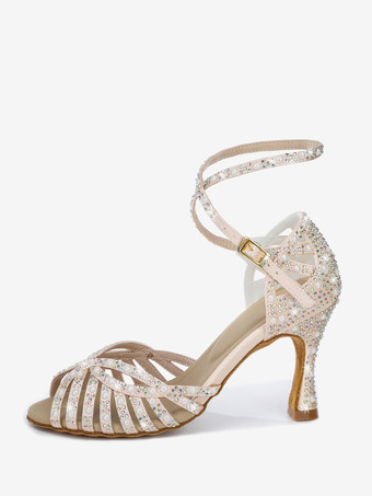 サテン社交ダンスシューズ レディース オープントゥ ラインストーン クリスクロス ラテンダンスシューズ