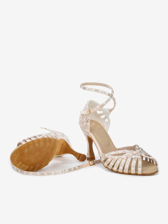 サテン社交ダンスシューズ レディース オープントゥ ラインストーン クリスクロス ラテンダンスシューズ