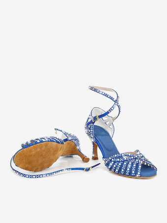 サテン社交ダンスシューズ レディース オープントゥ ラインストーン クリスクロス ラテンダンスシューズ