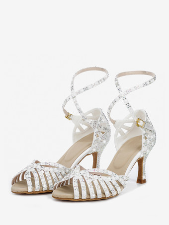 アイボリーサテン社交ダンスシューズ レディース オープントゥ ラインストーン クリスクロス ラテンダンスシューズ