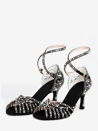 ブラック サテン社交ダンスシューズ レディース オープントゥ ラインストーン クリスクロス ラテンダンスシューズ