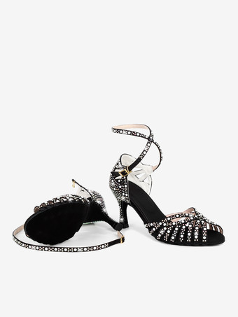 サテン社交ダンスシューズ レディース オープントゥ ラインストーン クリスクロス ラテンダンスシューズ