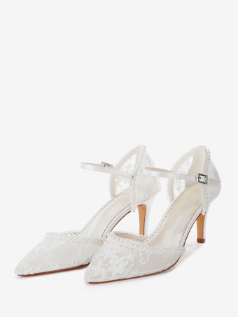 アイボリーアイボリーのウェディングシューズ、ポインテッドトゥ、レースアップリケ、ハイヒールのブライダルシューズ