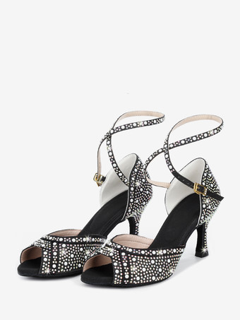 ブラック 女性用社交ダンスシューズ サテンラインストーン ピープトゥ ハイヒール ラテンダンスシューズ